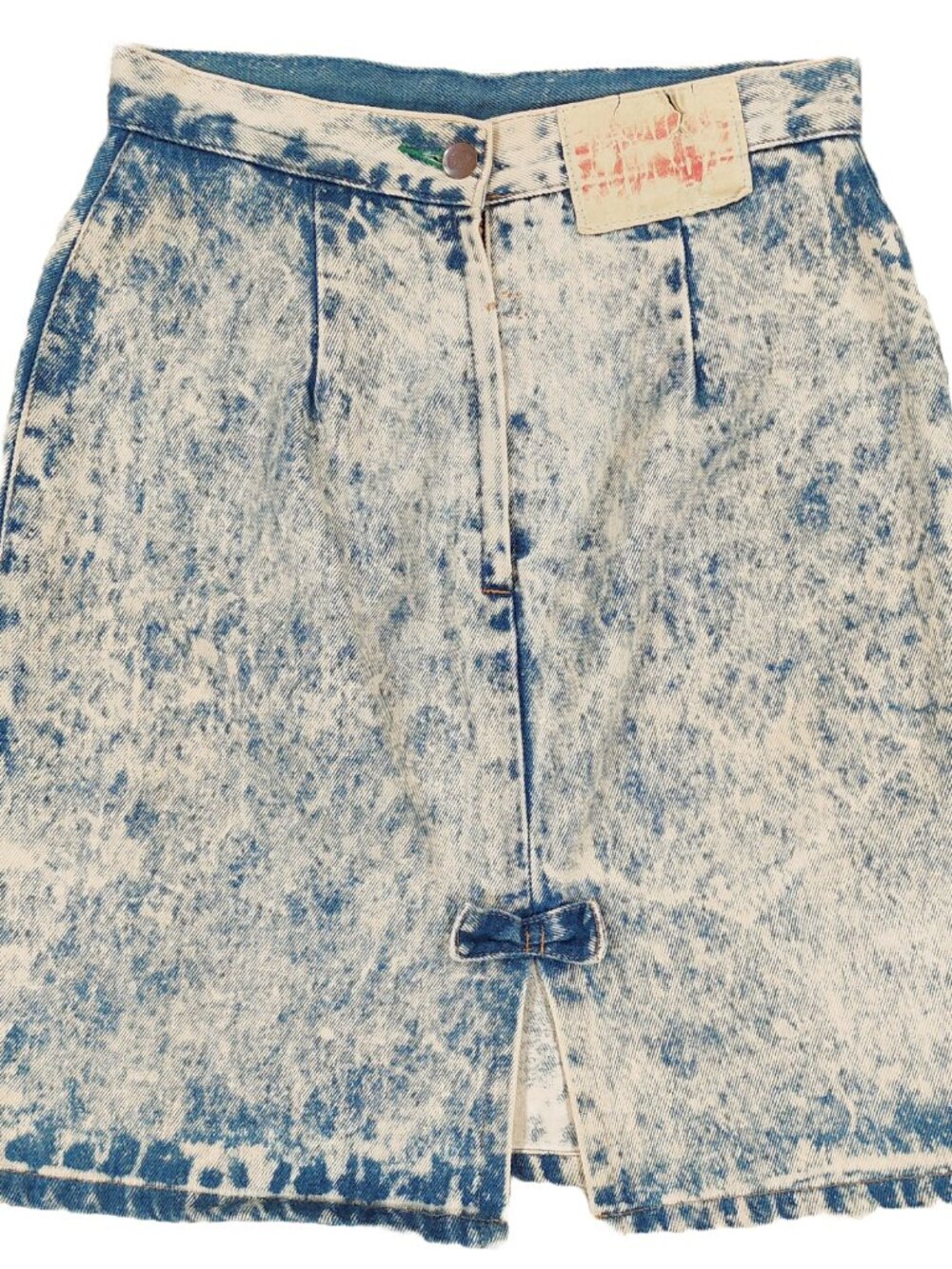 Vintage 80s Bongo Jeans Acid Wash Denim A-Line Skirt Pleated w/ Bow, Womens Sz 7